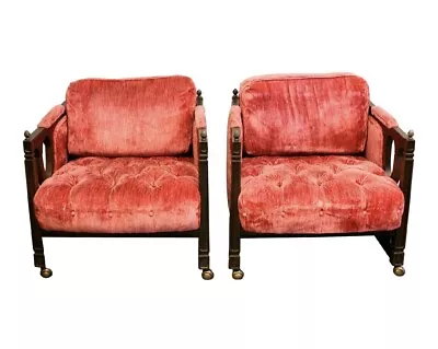 2 Mid Century Hollywood Regency Tufted Pink Velvet And Wood Club Chairs - A Pair • $980