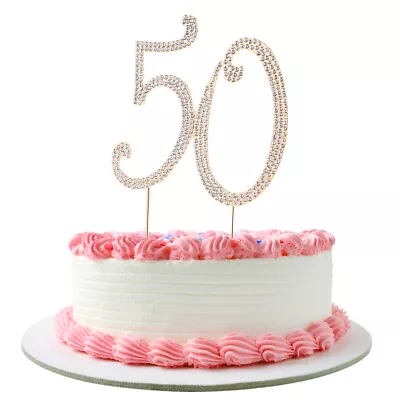 Crystal 50th Birthday Cake Topper With Rhinestone Gold Candles-IF • £7.25