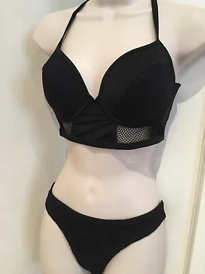 Pour Moi Bikini Set Long Line Halter Neck Bra Fish Net Sz 32 DD Bottom  8 • £25