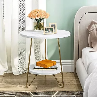 2 Tier Nightstand Bedside End Table Shelf With Marble Top Bedroom Furniture • $56.29