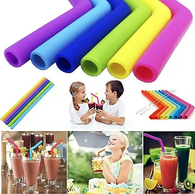 6PCS Silicone Drinking Straws & 2 Cleaners Reusable Party Milkshake Smoothies • £0.99