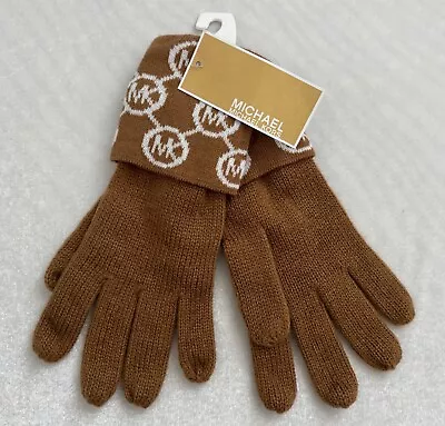 NWT MICHAEL KORS 538341C Women's  Dark Camel  Cream Gloves MK Logo Cuff One Size • $16.99