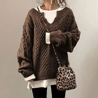 Women Knitwear Cable Knit Sweater Ladies V Neck Pullover Jumper Tops Brwon XL • £1.04