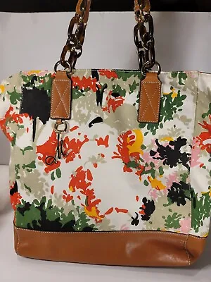 MILLY Calfskin Leather And Floral Canvas Tote • $90
