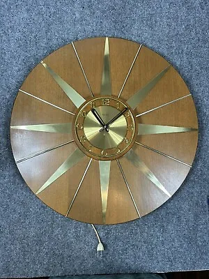 Vtg Mid Century Modern Wall Clock Verichron Sunburst Wood & Brass Electric 24” • $139.99