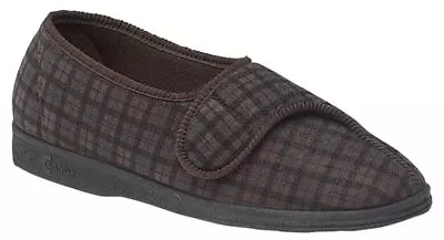 Mens Comfylux Large & Tall Paul Slippers Nylon Brown Check Size UK 11-13 • £27.99