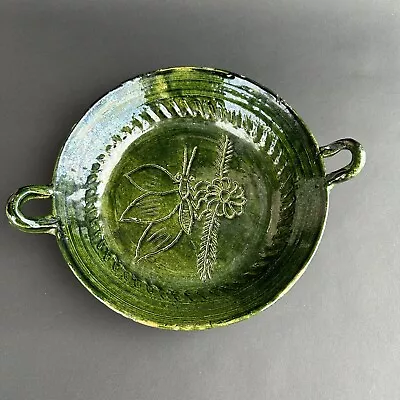 Vtg Mexican Pottery Green Oaxaca Dish Etched Butterfly Flower As Found  8  • $16