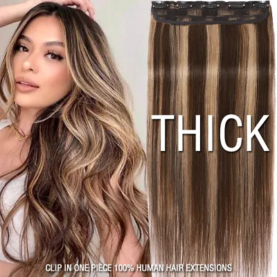 $18.57 • Buy THICK One Piece 100% Real Clip In Remy Human Hair Extensions 3/4 Full Head Weft