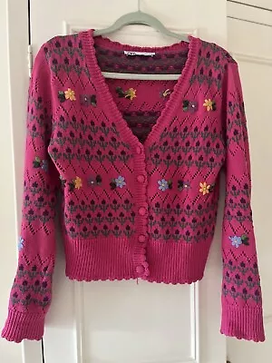 Zara Womens FLORAL KNIT CARDIGAN Fuchsia Size Medium • £23