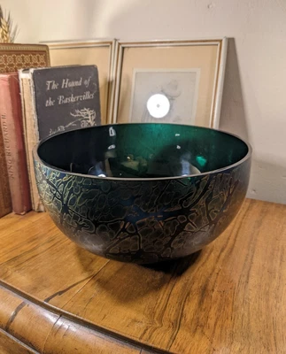 £119.99 • Buy Vintage Royal Brierley Studio Black Green Glow Crackle Iridescent Art Glass Bowl