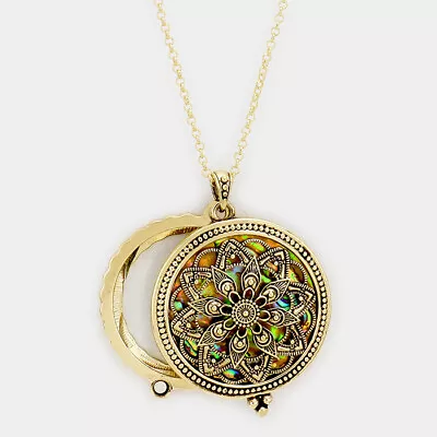 Magnifying Glass Necklace Patterned Flower Filigree 33  Long Chain GOLD Jewelry • $14.99