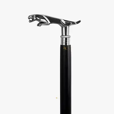 Classic Style Jaguar Handle Walking Stick Black Wooden Shaft Solid Brass Chrome  • £19.99