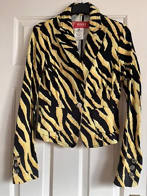 VERSACE Yellow & Black Animal Print Denim Blazer Fitted Jacket 6-8 • $107.35