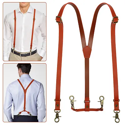 0.9in Vintage Brown Leather Suspenders Y Back Braces Belts 4 Brass Hooks For Men • $22.98