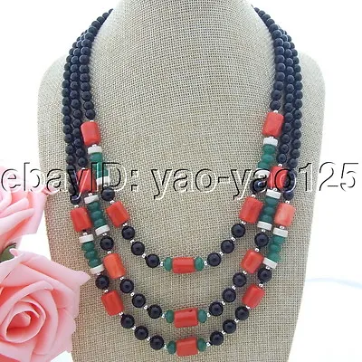 H091105 20  3 Strands Onyx Coral Jade Necklace • $24
