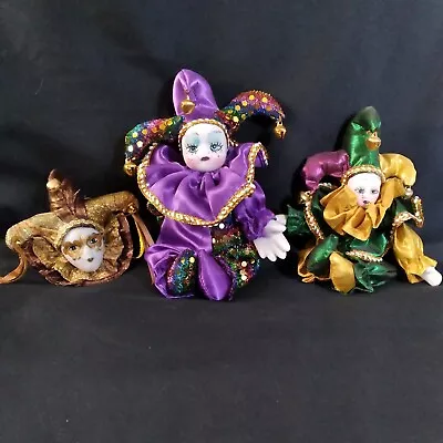 Mardi Gras Jester Dolls 7  Purple 6  Gold Porcelain Hands Face 2 Magnets 3 Set • $14.99