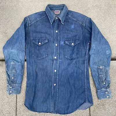 Vtg 50s BIG MAC Denim Western Shirt SANFORIZED Small Workwear Worn Repaired Dark • $220