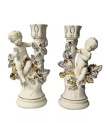 2 MCM White & Gold Cherub Angel Vintage Candlesticks Victorian Holland Mold  • $39.99