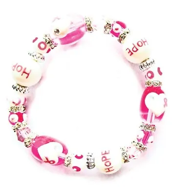 Think Pink Breast Cancer Rhinestone Glass Bead Kate And Macy Stretch Bracelet • $16.96