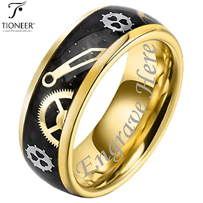 Tungsten Gold Plated 8mm Band W Steampunk Gear Carbon Fiber Inlay W Free Engrave • $19.99