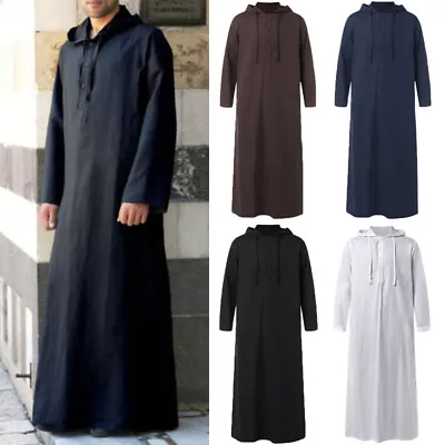 US STOCK Men's Muslim Clothing Long Sleeve Cotton Linen Hooded Thobe Kaftan Robe • $23.70