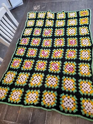 $12.99 • Buy Vtg Granny Squares Crochet Afghan Throw Blanket Black Chartreuse Boho Handmade
