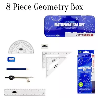 8 Piece Geometry Maths Set Stationery Set Compass Ruler Mathematical Instruments • £4.64