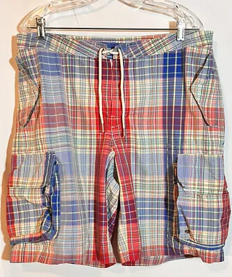 Polo Ralph Lauren Unlined Swim Trunks Red Blue Plaid Cargo Board Shorts  Men 36 • $19.95