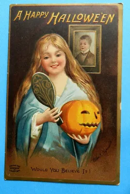 Vintage 1908 ELLEN CLAPSADDLE Halloween Postcard ~Woman Holding Mirror + JOL • $12