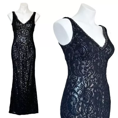 Aidan Mattox Lace Beaded Sequin V Neck Black Formal Evening Gown Size 2 • $109