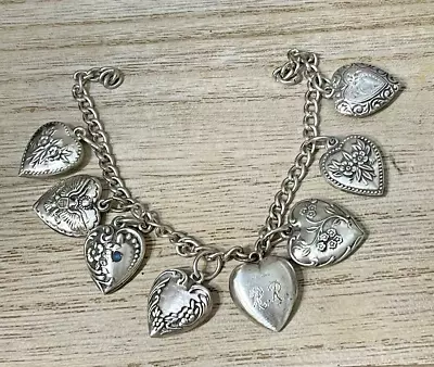 Vintage 6 1/2  Sterling 8 Puffy Heart Charms Bracelet Patriotic Love Flowers • $49.99