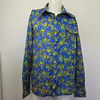 VTG 70s Skyr Nylon Disco Shirt Psychedelic Floral Print Dagger Collar Mens XL • $49.97