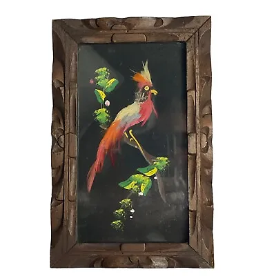 Real Feathers Bird Picture Made In Mexico Carved Dark Wood Frame 1947 • $14.89