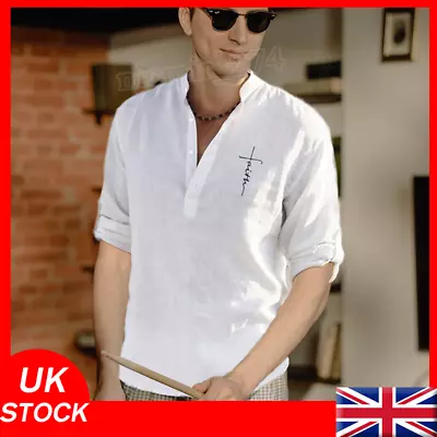 Summer Mens Short Sleeve Shirts Solid Loose Casual Dress Shirt Blouse Tops • £7.08