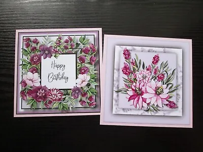 2 X  PURPLE & PINK FLORAL BIRTHDAY FRAME Hand Made Card Toppers & Sentiments • £1.30