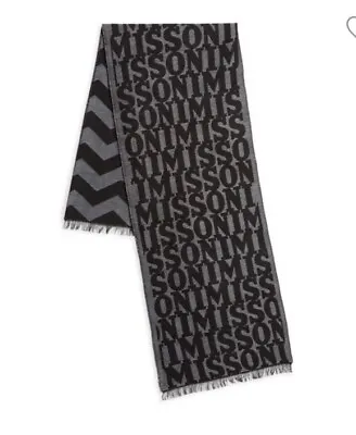 Missoni Logo Fringed Wool Blend Scarf Men Unisex Black Grey NWT 15x66 Inches • $89