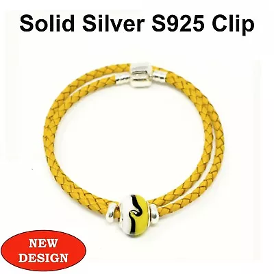 Double Leather Yellow Bracelet S925 Silver Clip Stoppers & Murano & Silver Charm • £14.99