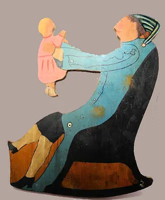 Creepy PRIMITIVE FOLK ART Woman Rocking Chair Holds Baby Girl Wooden 22  Tall • £30.40