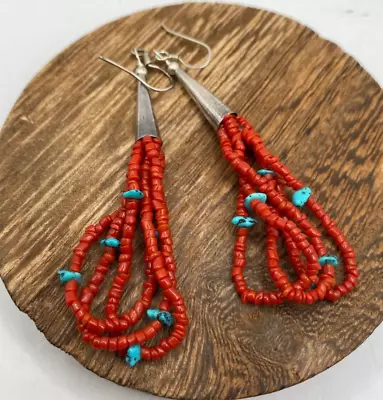 Vintage Sterling Navajo Triple Strand Coral Seed Bead Turquoise Jacula Earrings • $68.99