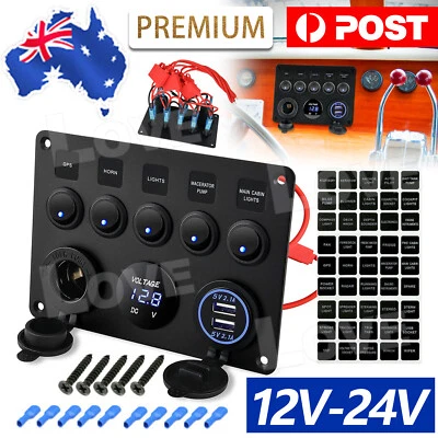 $32.95 • Buy 5 Gang 12V Switch Panel Rocker Car Boat ON OFF Toggle Dual USB Charger Voltmeter