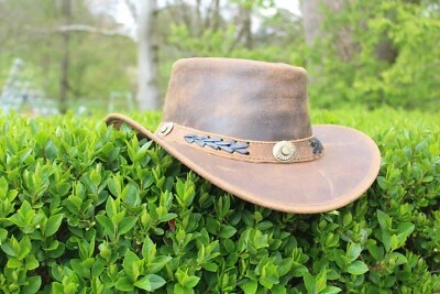 Men Cowboy Hat Real Leather Australian Western  Style Tan Crazy Horse Bush Hat • £19.99