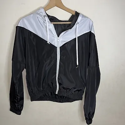 Zaful Womens Black Cream Cropped Rain Jacket Hooded Size 10 • £10