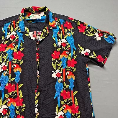 Vintage Hawiian Shirt Mens L Black Floral Tropical Bird Magnum Pi Paradise Found • $49.99