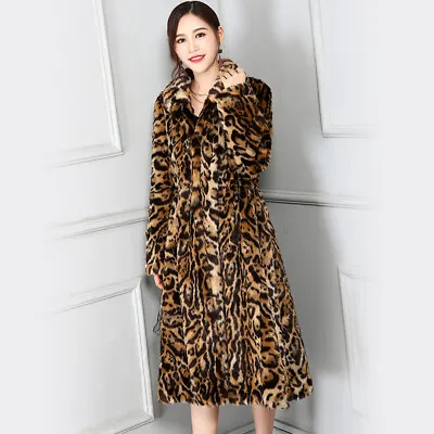 Chic Women Leopard Mink Fur Swing Coat Long Warm Trench Outwear Winter Party New • $109.54