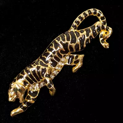 Vintage Black Gold Tone Tiger Big Cat Rhinestone Brooch Pin • $6.99