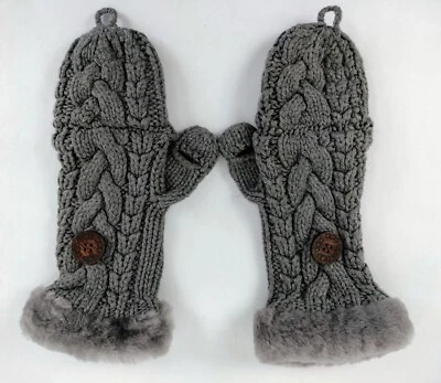 $17.99 • Buy UGG Womens Bailey Cable Knit Sweater Button Flip Pop Top Mittens Faux Fur Gray