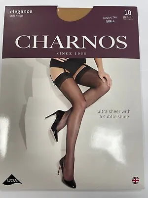 CHARNOS ELEGANCE Subtle Shine Stockings 10 Denier Ultra Sheer NATURAL TAN SMALL • £5.99