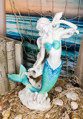 Nautical Capiz Blue Tailed Siren Mermaid Listening To Sea Conch Statue 11.75 H • $37.95