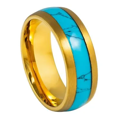 Tungsten Ring Band Domed Yellow Gold Plated Blue Turquoise Inlay For Men & Women • $35.40