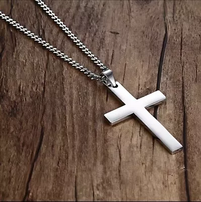 Large Classy MEN CRUCIFIX SOLID CROSS  Pendant Stainless Steel Silver Necklace • $9.98